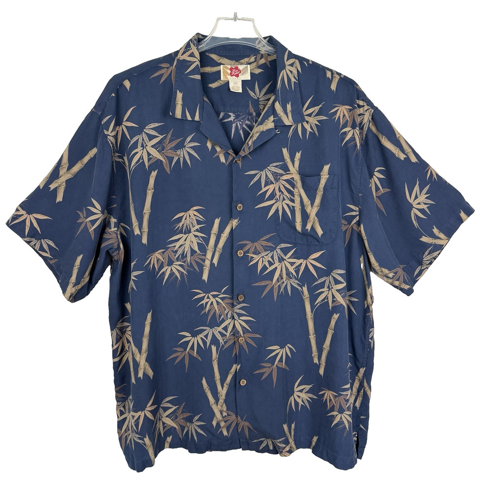 Vtg Hilo Hattie Silk Hawaiian Camp Shirt Men 2XL Teal Tropical Loop Collar Aloha